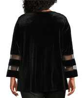 Slim Factor By Investments Plus Size Crew Neck 3/4 Flared Mesh Sleeve Velvet Top