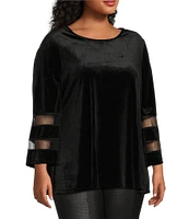 Slim Factor By Investments Plus Size Crew Neck 3/4 Flared Mesh Sleeve Velvet Top