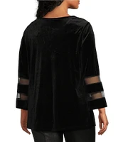 Slim Factor By Investments Plus Size Crew Neck 3/4 Flared Mesh Sleeve Velvet Top