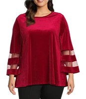 Slim Factor By Investments Plus Size Crew Neck 3/4 Flared Mesh Sleeve Velvet Top