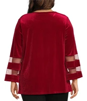 Slim Factor By Investments Plus Size Crew Neck 3/4 Flared Mesh Sleeve Velvet Top