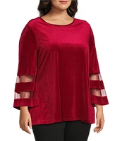 Slim Factor By Investments Plus Size Crew Neck 3/4 Flared Mesh Sleeve Velvet Top