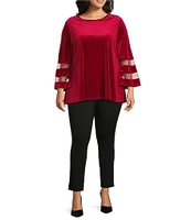 Slim Factor By Investments Plus Size Crew Neck 3/4 Flared Mesh Sleeve Velvet Top