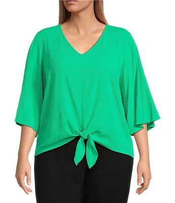 Slim Factor By Investments Plus Size Dylan Tie Front V-Neck 3/4 Sleeve Top