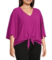 Slim Factor By Investments Plus Size Dylan Tie Front V-Neck 3/4 Sleeve Top