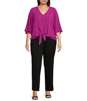 Slim Factor By Investments Plus Size Dylan Tie Front V-Neck 3/4 Sleeve Top