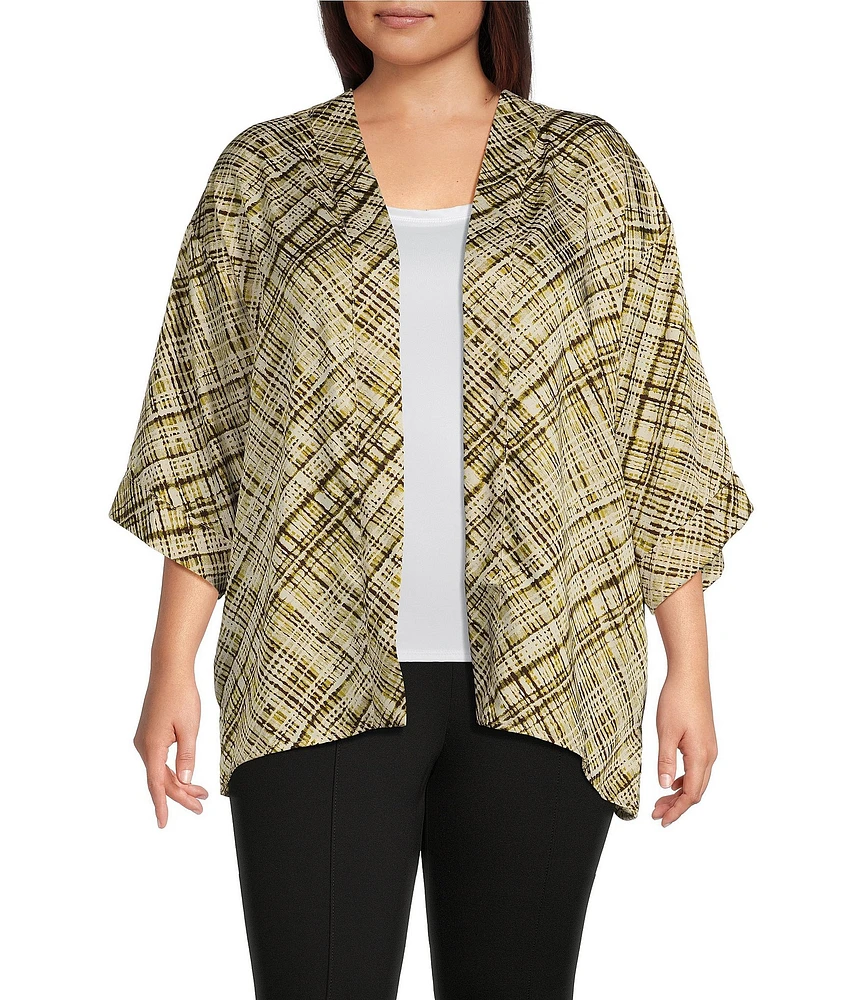 Slim Factor by Investments Plus Size Fancy Plaid Open-Front Short Sleeve Short Kimono