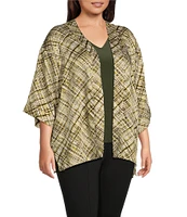 Slim Factor by Investments Plus Size Fancy Plaid Open-Front Short Sleeve Short Kimono