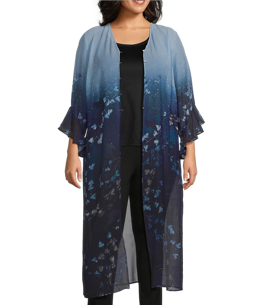 Slim Factor by Investments Plus Size Forest Leaves Print 3/4 Sleeve V-Neck Button Front Duster