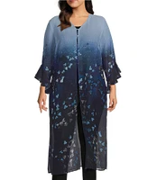 Slim Factor by Investments Plus Size Forest Leaves Print 3/4 Sleeve V-Neck Button Front Duster