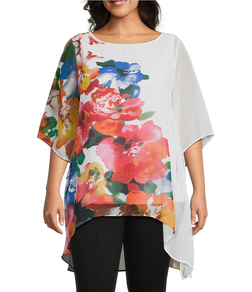 Slim Factor by Investments Plus Size Fragrant Floral Print Boat Neck 3/4 Sleeve Lined Tunic