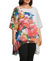 Slim Factor by Investments Plus Size Fragrant Floral Print Boat Neck 3/4 Sleeve Lined Tunic