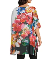 Slim Factor by Investments Plus Size Fragrant Floral Print Boat Neck 3/4 Sleeve Lined Tunic