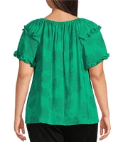 Slim Factor By Investments Plus Size Heidi Palm Jacquard Elastic Crew Neckline Short Sleeve Top