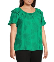 Slim Factor By Investments Plus Size Heidi Palm Jacquard Elastic Crew Neckline Short Sleeve Top