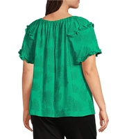 Slim Factor By Investments Plus Size Heidi Palm Jacquard Elastic Crew Neckline Short Sleeve Top