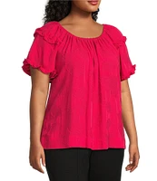 Slim Factor By Investments Plus Size Heidi Palm Jacquard Elastic Crew Neckline Short Sleeve Top