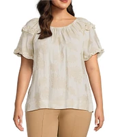 Slim Factor By Investments Plus Size Heidi Palm Jacquard Elastic Crew Neckline Short Sleeve Top