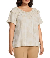 Slim Factor By Investments Plus Size Heidi Palm Jacquard Elastic Crew Neckline Short Sleeve Top