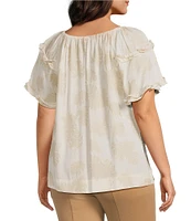 Slim Factor By Investments Plus Size Heidi Palm Jacquard Elastic Crew Neckline Short Sleeve Top