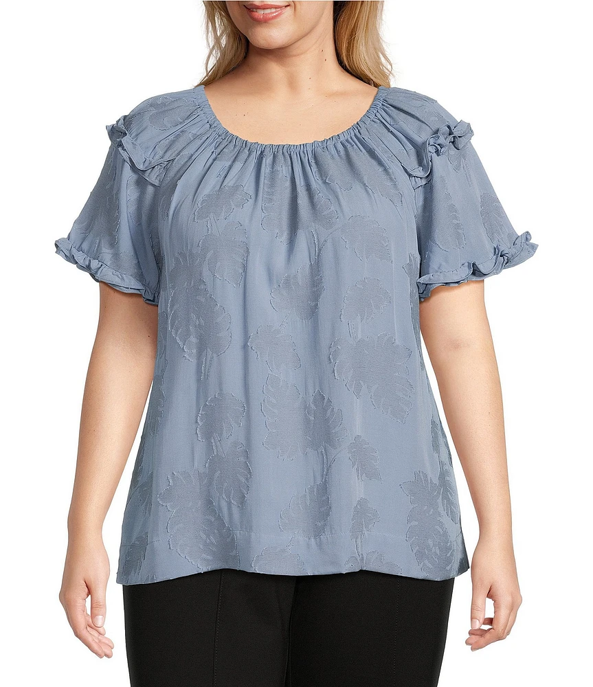 Slim Factor By Investments Plus Size Heidi Palm Jacquard Elastic Crew Neckline Short Sleeve Top