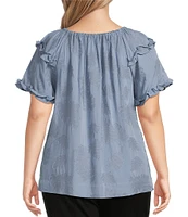 Slim Factor By Investments Plus Size Heidi Palm Jacquard Elastic Crew Neckline Short Sleeve Top