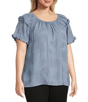 Slim Factor By Investments Plus Size Heidi Palm Jacquard Elastic Crew Neckline Short Sleeve Top