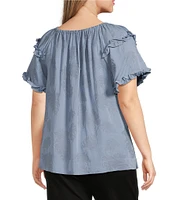 Slim Factor By Investments Plus Size Heidi Palm Jacquard Elastic Crew Neckline Short Sleeve Top