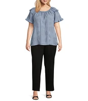 Slim Factor By Investments Plus Size Heidi Palm Jacquard Elastic Crew Neckline Short Sleeve Top