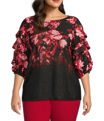 Slim Factor by Investments Plus Size Ikat Floral Border Print Boat Neck Three Tier Sleeve Top