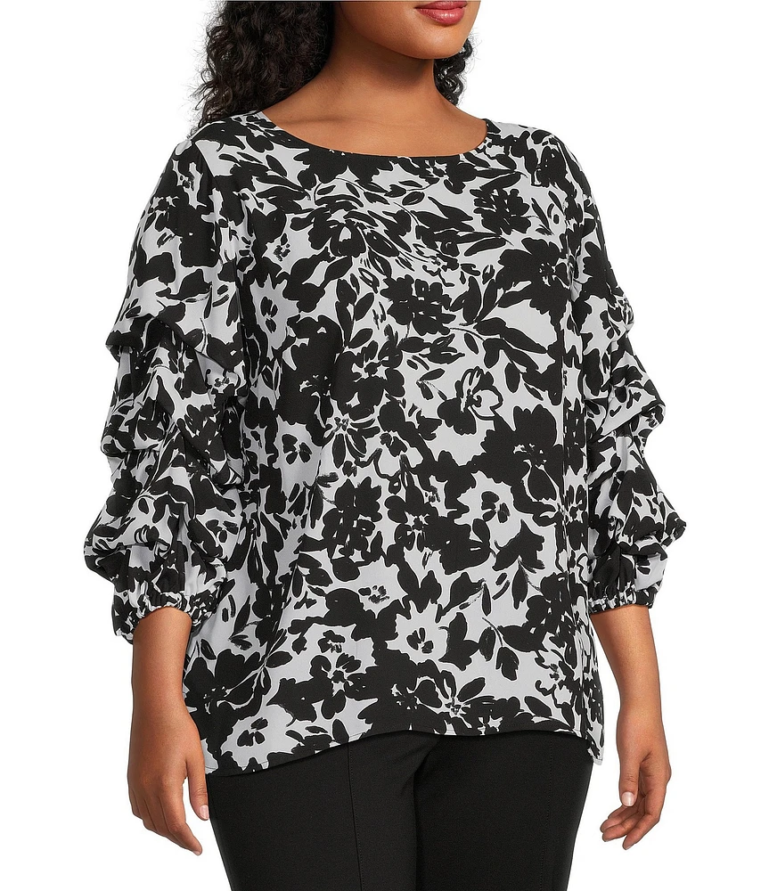 Slim Factor By Investments Plus Size Ink Stroke Print Kara Boat Neck 3/4 Tiered Sleeve Top