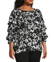 Slim Factor By Investments Plus Size Ink Stroke Print Kara Boat Neck 3/4 Tiered Sleeve Top
