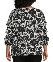 Slim Factor By Investments Plus Size Ink Stroke Print Kara Boat Neck 3/4 Tiered Sleeve Top