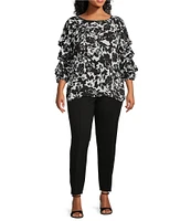 Slim Factor By Investments Plus Size Ink Stroke Print Kara Boat Neck 3/4 Tiered Sleeve Top