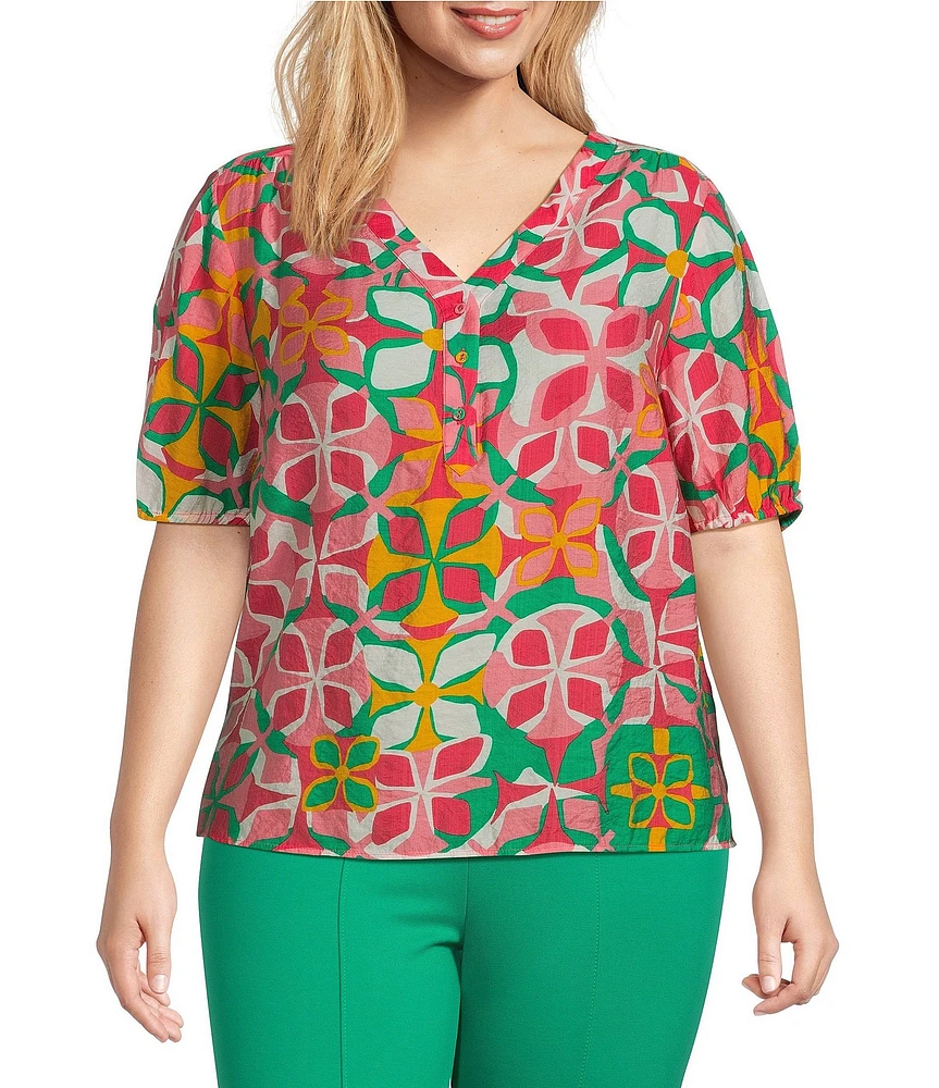 Slim Factor By Investments Plus Size Julia Azalea Fashion Geo Print V-Neck Short Sleeve Top