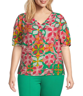 Slim Factor By Investments Plus Size Julia Azalea Fashion Geo Print V-Neck Short Sleeve Top