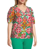 Slim Factor By Investments Plus Size Julia Azalea Fashion Geo Print V-Neck Short Sleeve Top