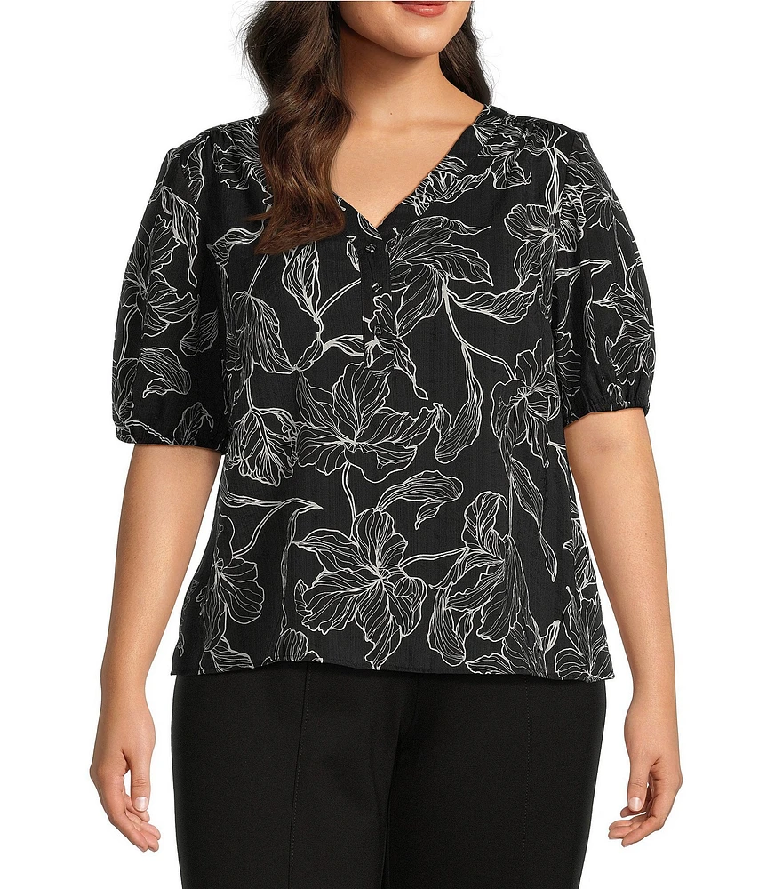 Slim Factor By Investments Plus Size Julia Floral Stencil Print V-Neck Short Sleeve Top