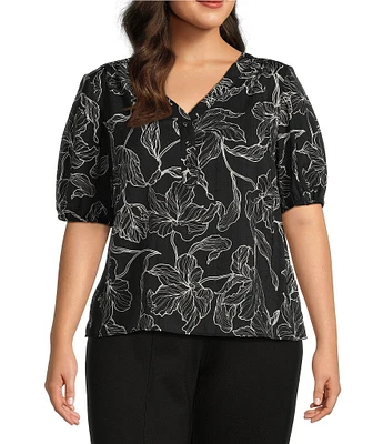 Slim Factor By Investments Plus Size Julia Floral Stencil Print V-Neck Short Sleeve Top