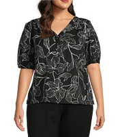 Slim Factor By Investments Plus Size Julia Floral Stencil Print V-Neck Short Sleeve Top