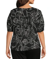 Slim Factor By Investments Plus Size Julia Floral Stencil Print V-Neck Short Sleeve Top