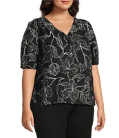 Slim Factor By Investments Plus Size Julia Floral Stencil Print V-Neck Short Sleeve Top