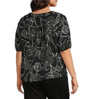 Slim Factor By Investments Plus Size Julia Floral Stencil Print V-Neck Short Sleeve Top