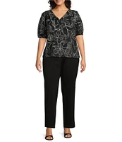 Slim Factor By Investments Plus Size Julia Floral Stencil Print V-Neck Short Sleeve Top