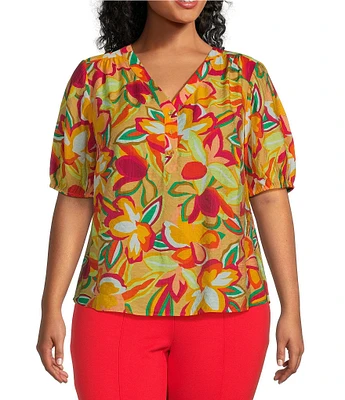Slim Factor By Investments Plus Size Julia Gold Fusion Multi Paradise Floral Print V-Neck Short Sleeve Top