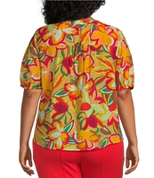 Slim Factor By Investments Plus Size Julia Gold Fusion Multi Paradise Floral Print V-Neck Short Sleeve Top