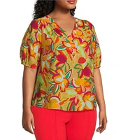 Slim Factor By Investments Plus Size Julia Gold Fusion Multi Paradise Floral Print V-Neck Short Sleeve Top