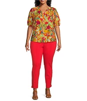 Slim Factor By Investments Plus Size Julia Gold Fusion Multi Paradise Floral Print V-Neck Short Sleeve Top