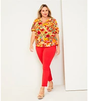 Slim Factor By Investments Plus Size Julia Gold Fusion Multi Paradise Floral Print V-Neck Short Sleeve Top