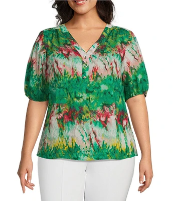 Slim Factor By Investments Plus Size Julia Simply Green Multi Tie Dye Print V-Neck Short Sleeve Top